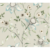 Taupe & Aqua Dream Blossom Wallpaper